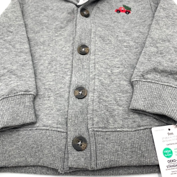 New Carter’s Baby Boy Christmas embroidered red truck/ gray button up Cardigan - Picture 4 of 12